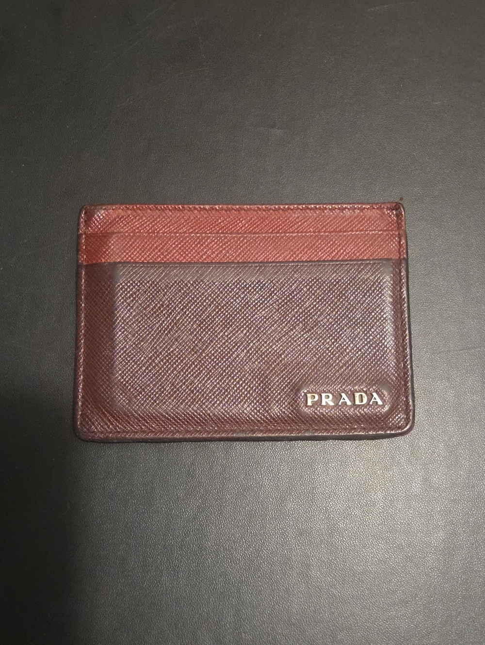 Prada Two-Tone Burgundy/Dark Burgundy Saffiano Leather Card Holder